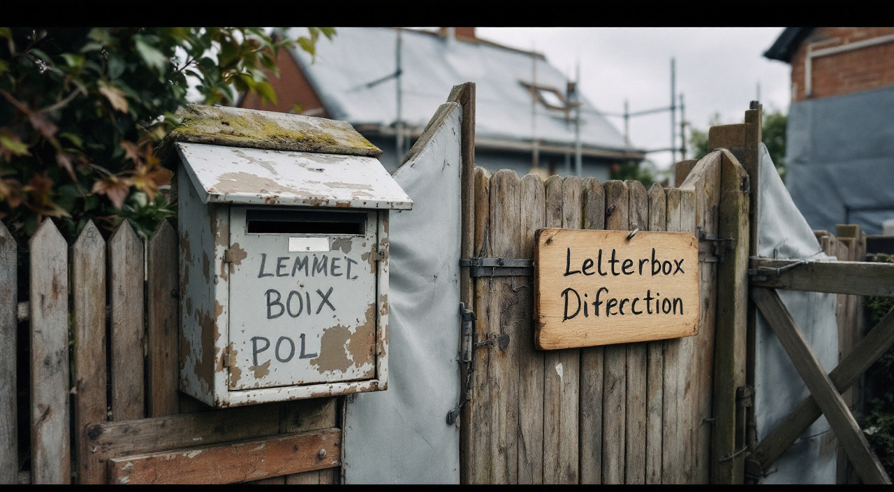 Boîte aux lettres provisoire fixée sur un portail devant une maison bâchée en travaux