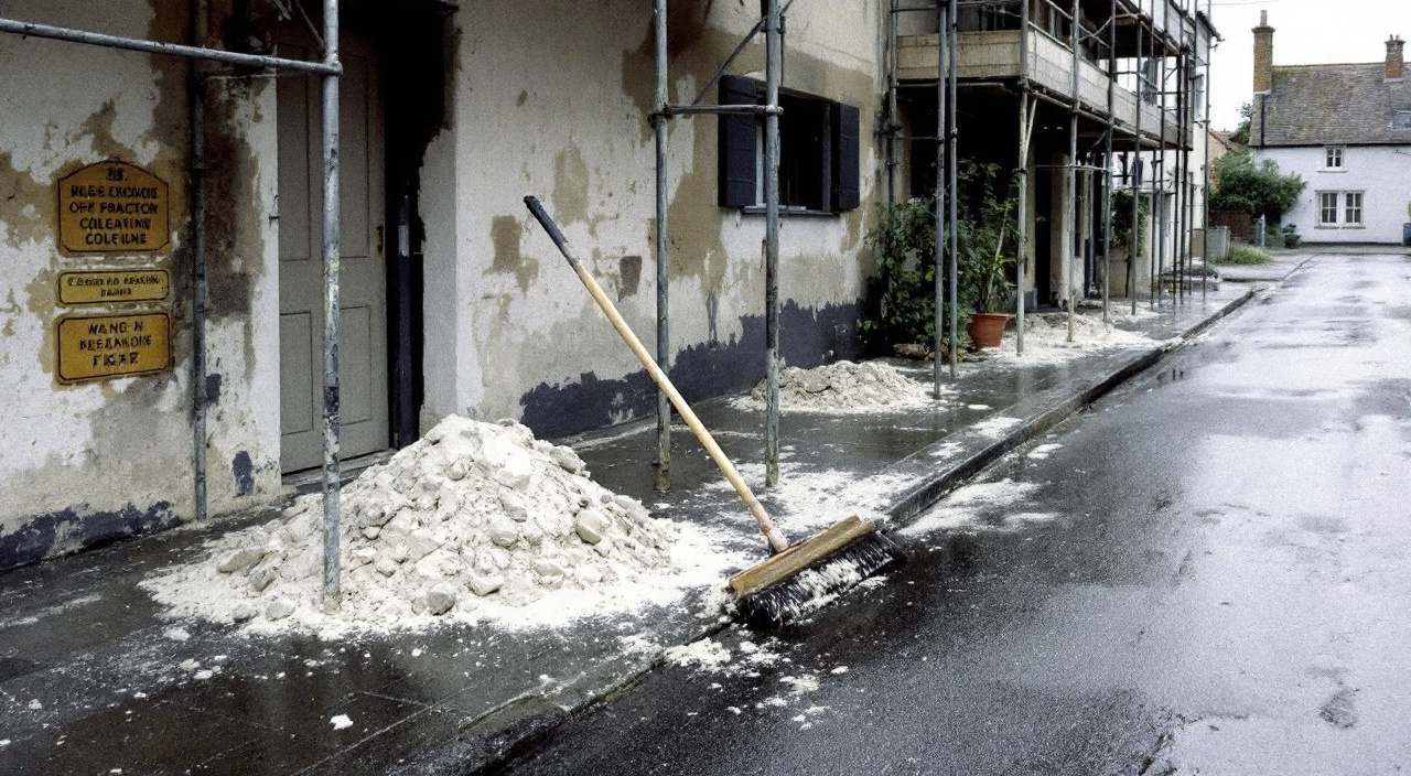 Trottoir en bord de chantier avec sable et gravats balayés en tas contre la bordure