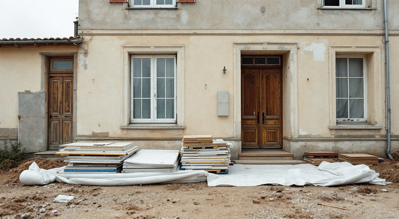 Pied de chantier rangé en fin de journée, matériaux empilés