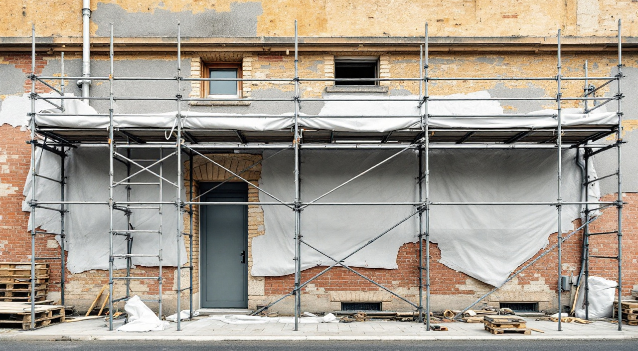 Échafaudage de façade laissé en configuration d'arrêt, bâche repliée et sanglée, protections en place sur un mur décroûté