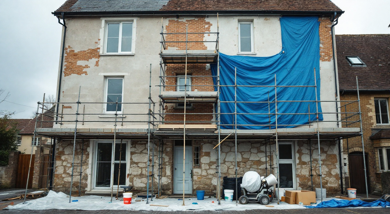 Échafaudage monté devant une façade décroûtée laissée à nu, chantier interrompu, aucun compagnon présent