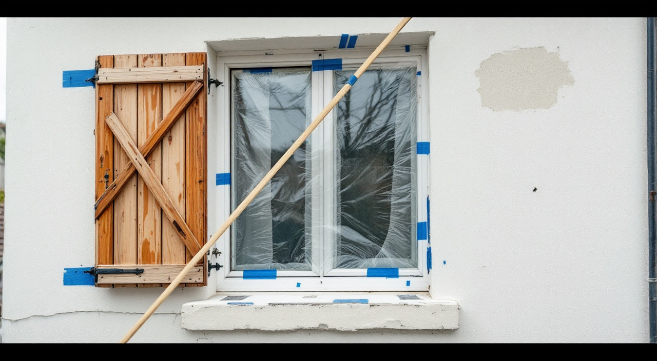 Fenêtre masquée par un film plastique adhésif pendant un ravalement, tableau repris et volets déposés