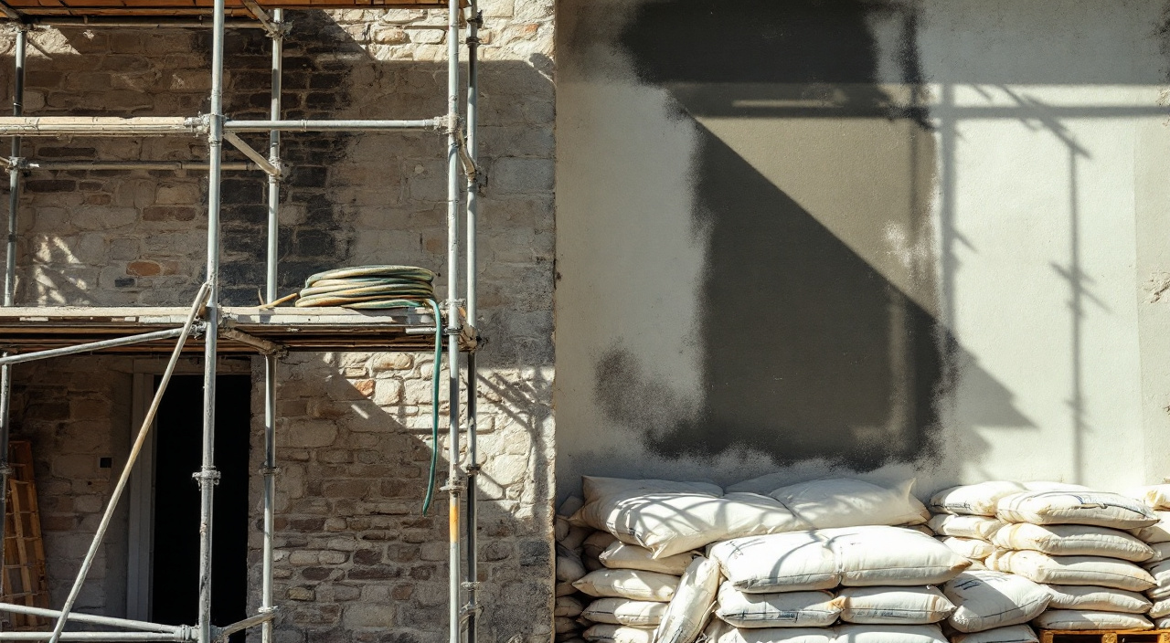 Façade échafaudée par forte chaleur, un pan à l'ombre humidifié et un pan en plein soleil