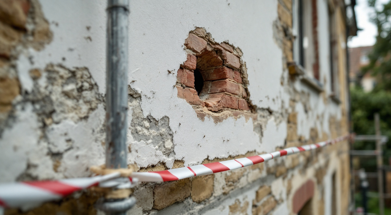 Trou dans un joint de mur au niveau d'un plancher d'échafaudage balisé par un ruban rouge et blanc