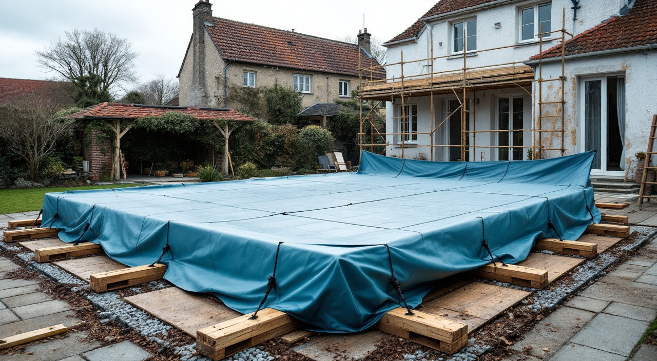Piscine recouverte d'une bâche de chantier lestée, pieds d'échafaudage calés sur madriers le long de la plage