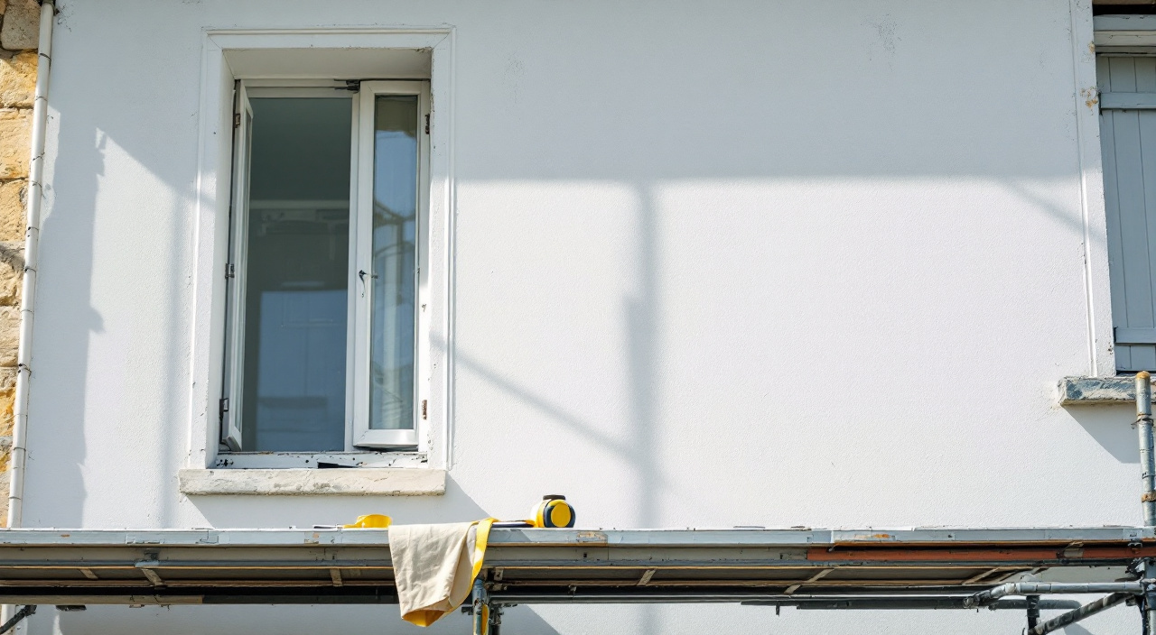 Plateau d'échafaudage vide devant une façade enduite, en lumière rasante du matin
