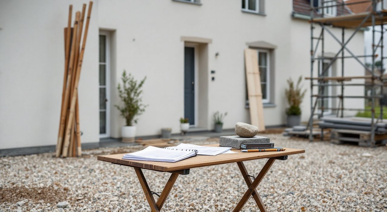 Table de chantier installée devant une maison avant le démarrage des travaux