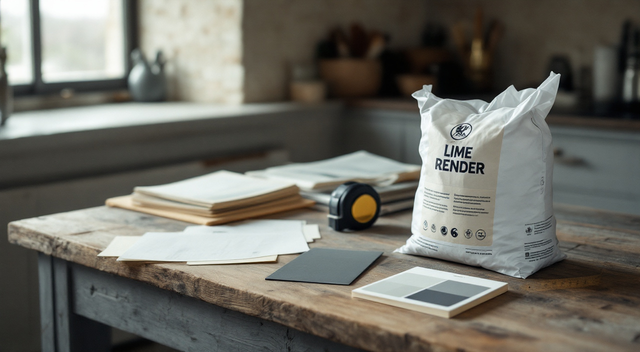 Documents de fin de chantier posés sur une table à côté d'un sac d'enduit vide et d'une carte de teinte