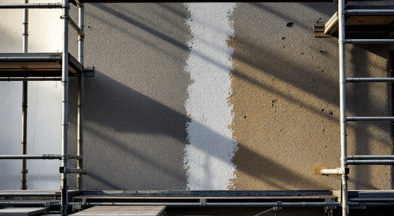 Raccord d'enduit sur une façade sous échafaudage, éclairé en lumière rasante