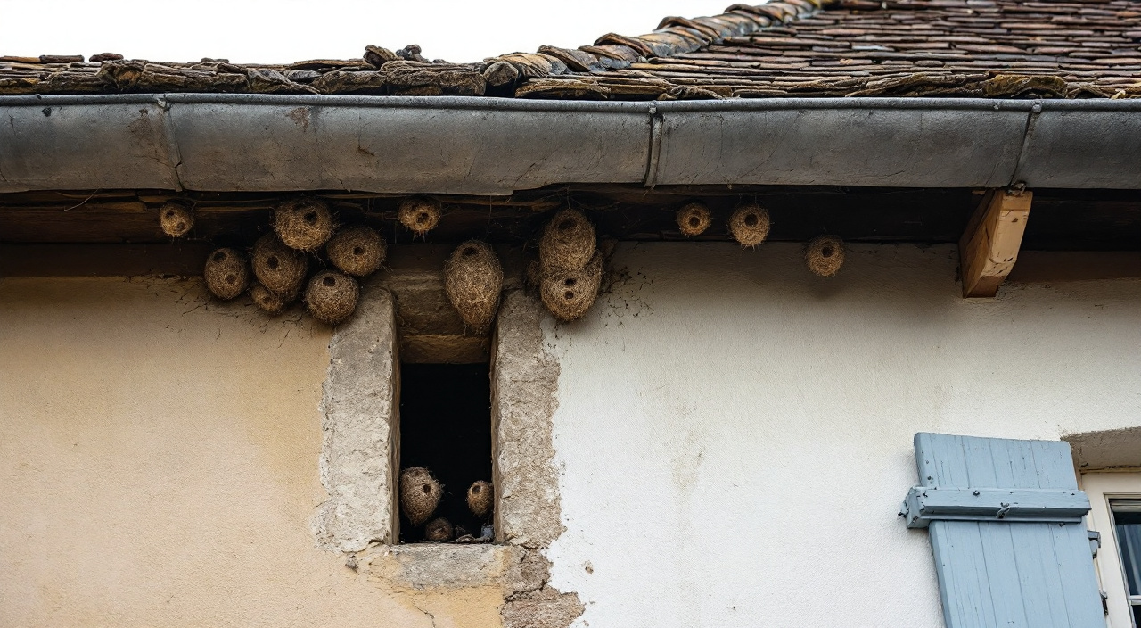 Nids de terre sous la corniche d'une maison ancienne, traces claires sur le mur et échafaudage en arrière-plan