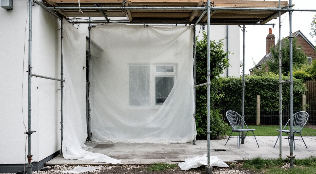 Échafaudage monté contre un mur en limite séparative, bâche tendue et poussière déposée sur la terrasse voisine