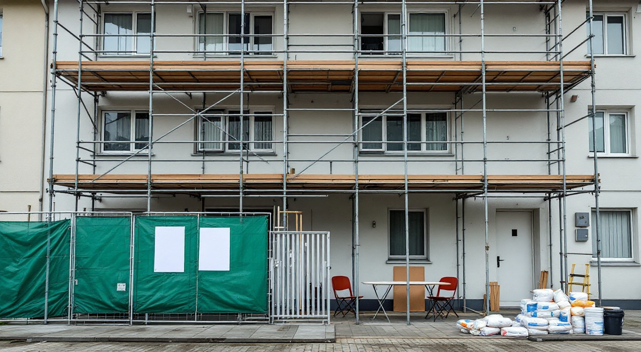 Échafaudage monté sur un immeuble en ravalement, avec une table de réunion installée au pied du bâtiment