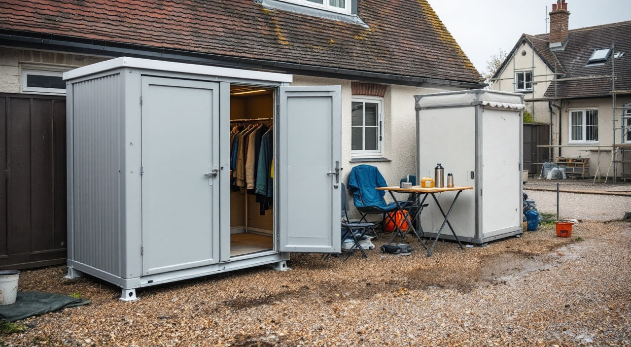 Cabine sanitaire autonome, local de rangement et table de pause sous bâche installés en bord d'allée au pied d'un chantier de ravalement.
