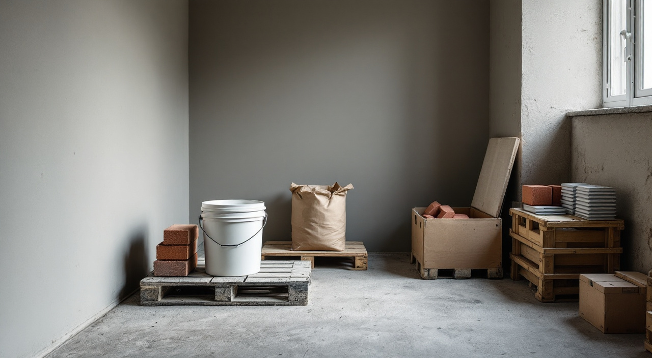 Restes de matériaux rangés après un chantier de façade : seaux fermés, sac d'enduit sur palette, baguettes d'angle et caisse de briques de rechange