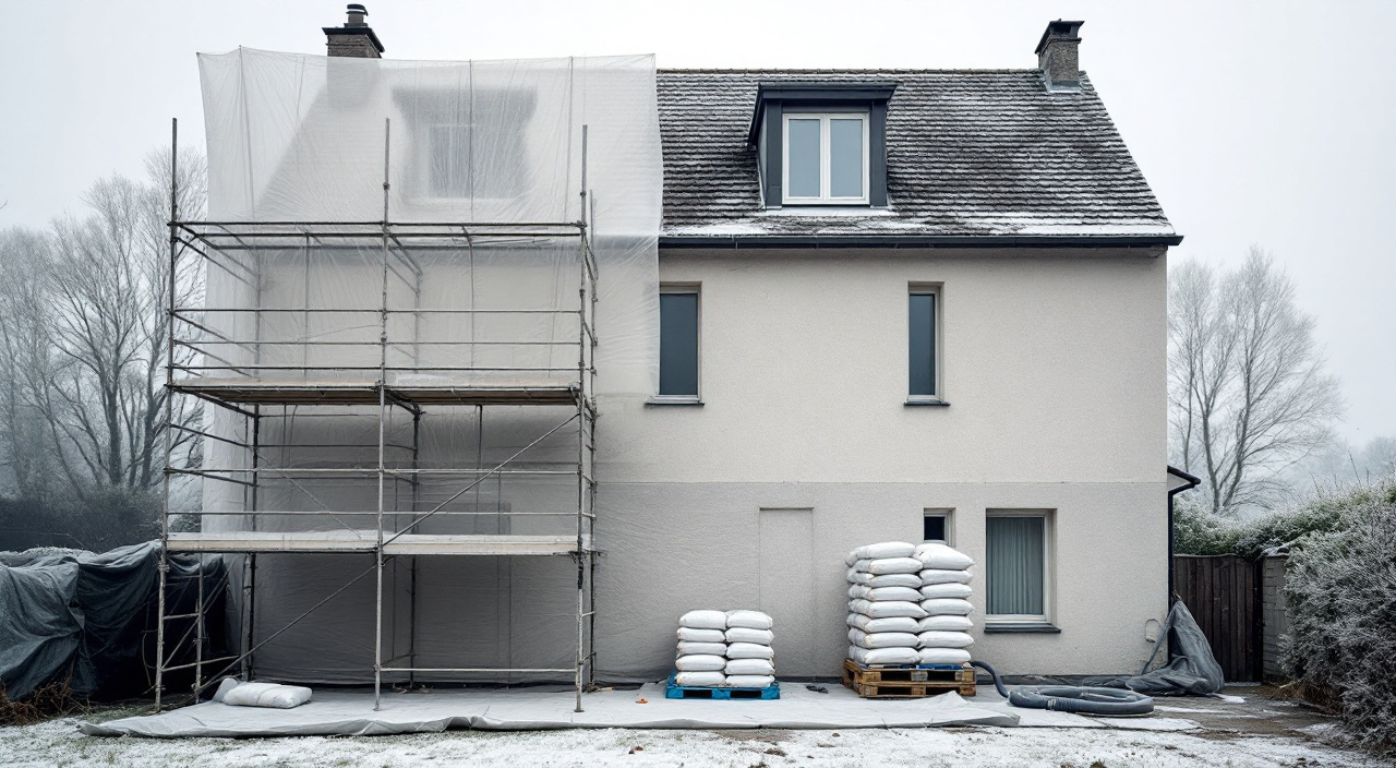 Façade en cours de ravalement l'hiver, échafaudage partiellement bâché et givre au pied du mur.